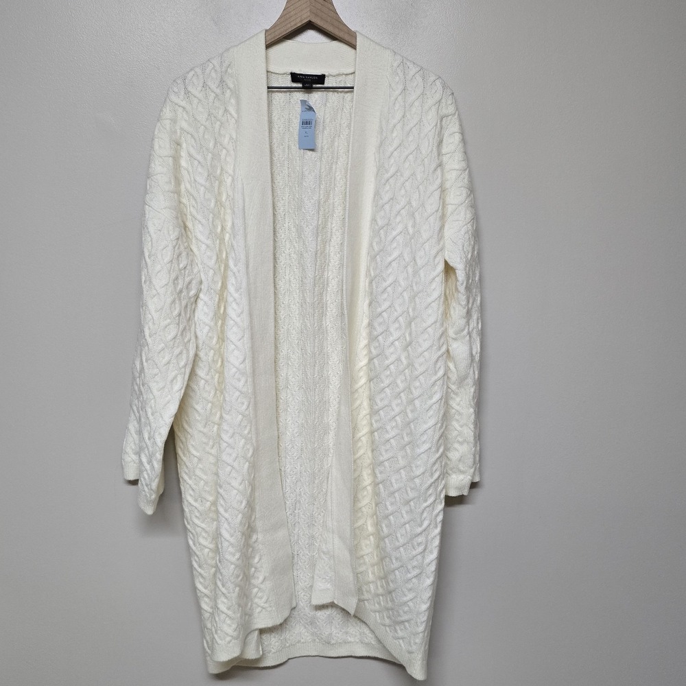 Ann Taylor Sweater Womens XLP Ivory Wool Blend Open Cardigan Long Cable Knit NWT